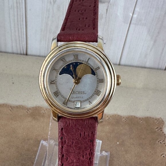 Vintage French Axcess Moon Phase w/Date Mother of Pearl Face Watch